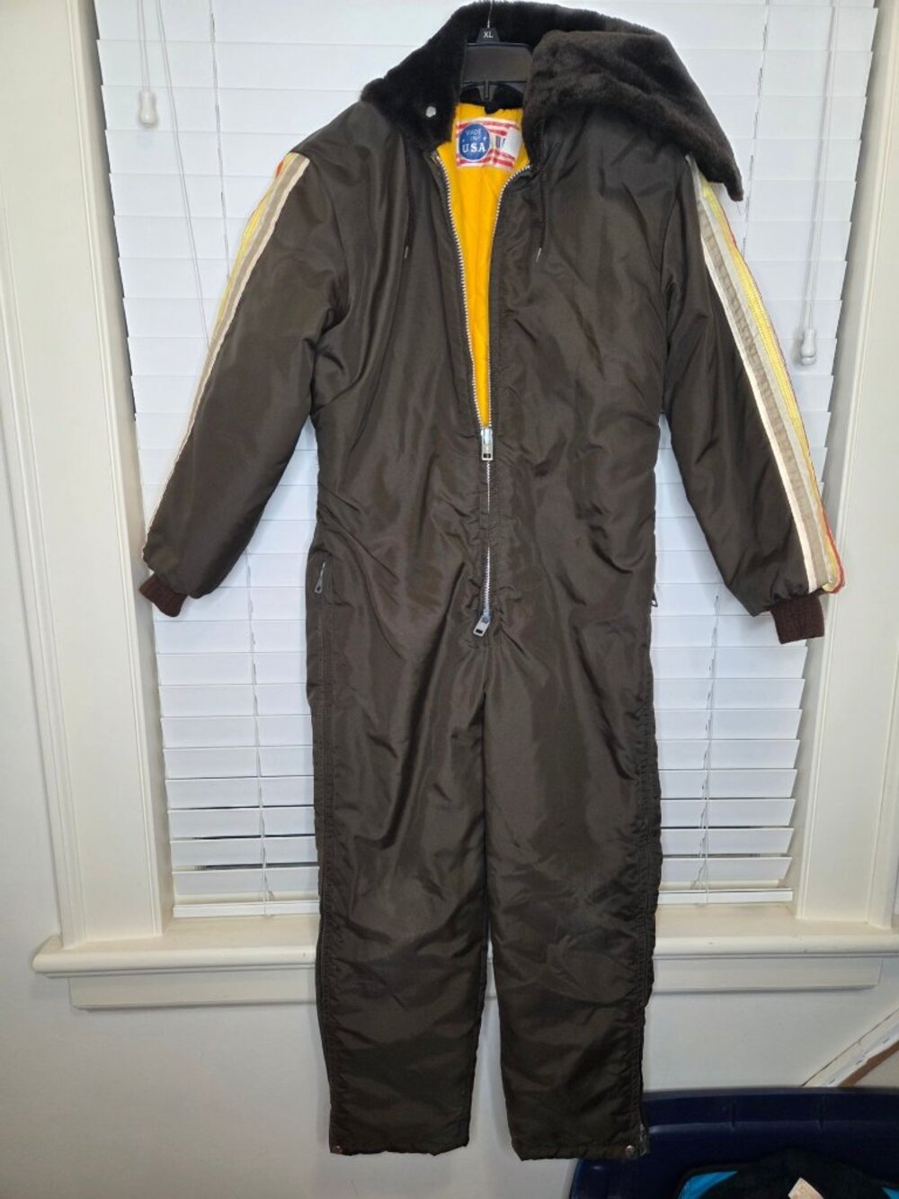 VTG 60s Womens Snowmobile Insulated Snowsuit Faux Fur Hood Stripes L Made In USA